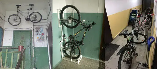 velosipēdu novietne vestibila telpā.